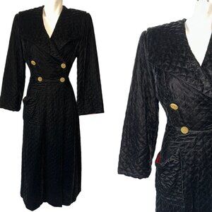 Vtg 50s Womens Tutundgy Black Quilted Velvet Smoking Jacket Robe Red Satin Small